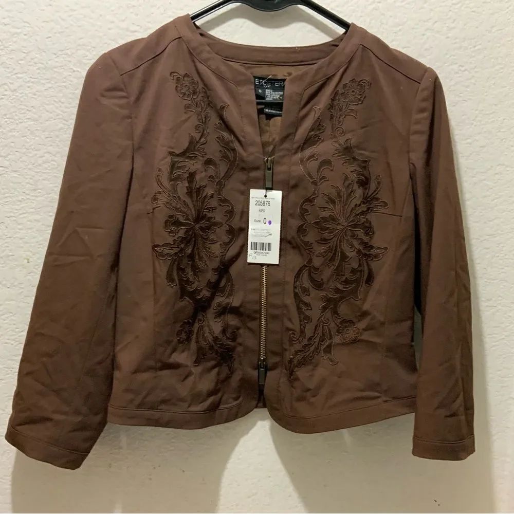 ETCETERA Womens Brown Zipper Front Jacket Size 0 Embroidery With Transparency .